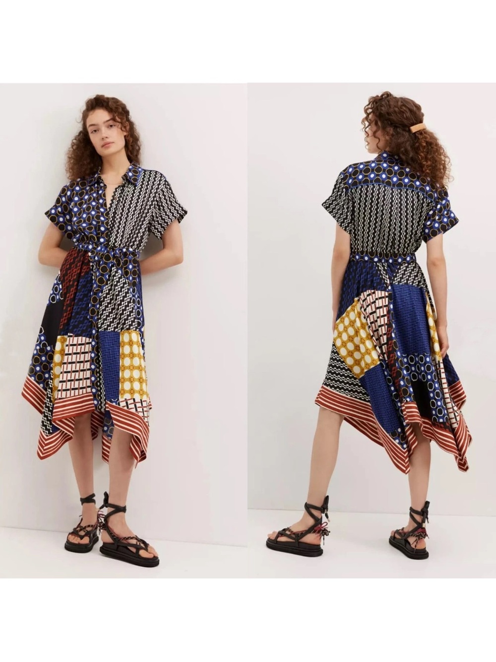 Anthropologie Navy Multicolor Patchwork Handkerchief Hem Dress